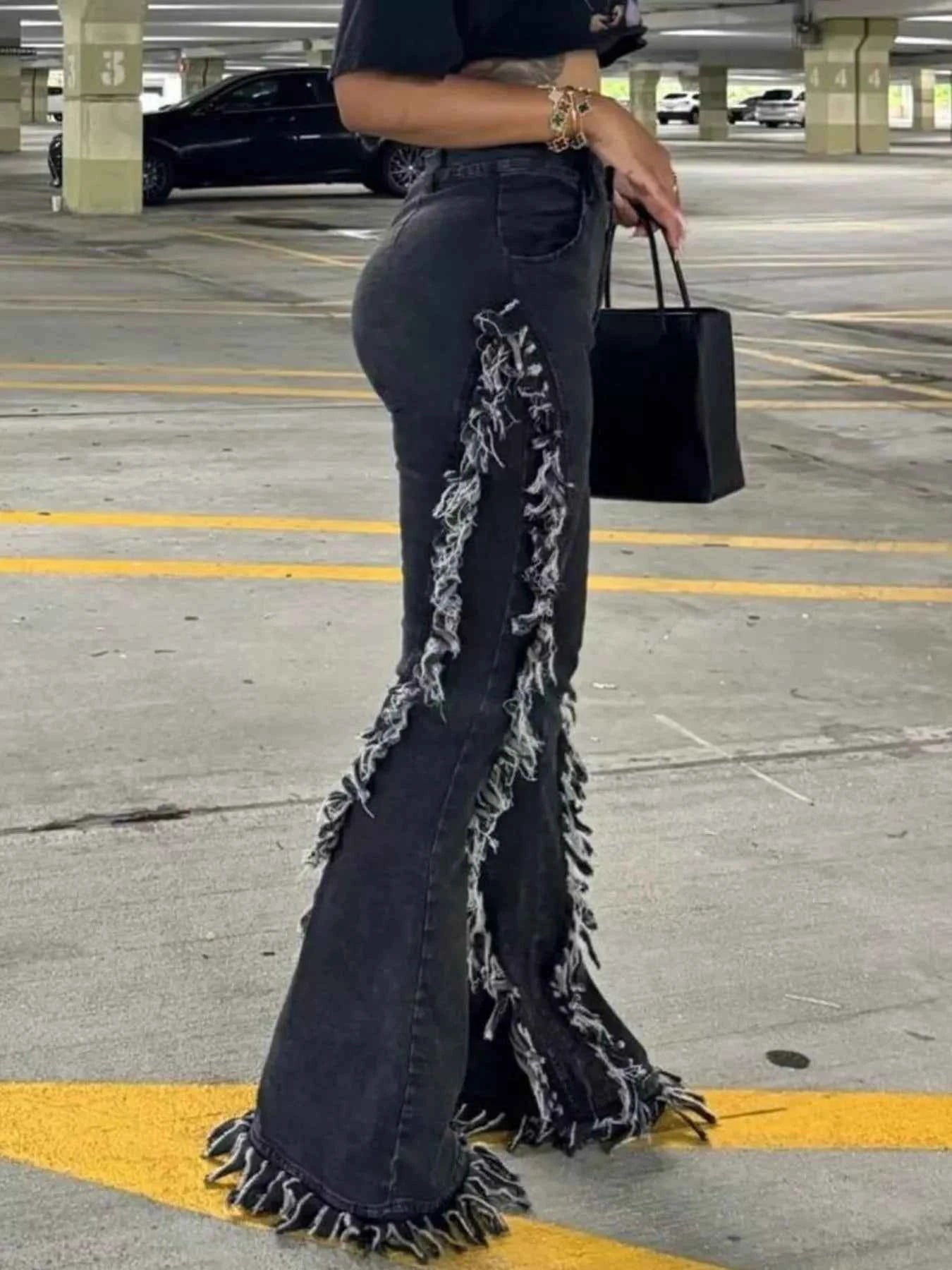 TEEK - Frayed Trim High Waist Flare Jeans JEANS theteekdotcom