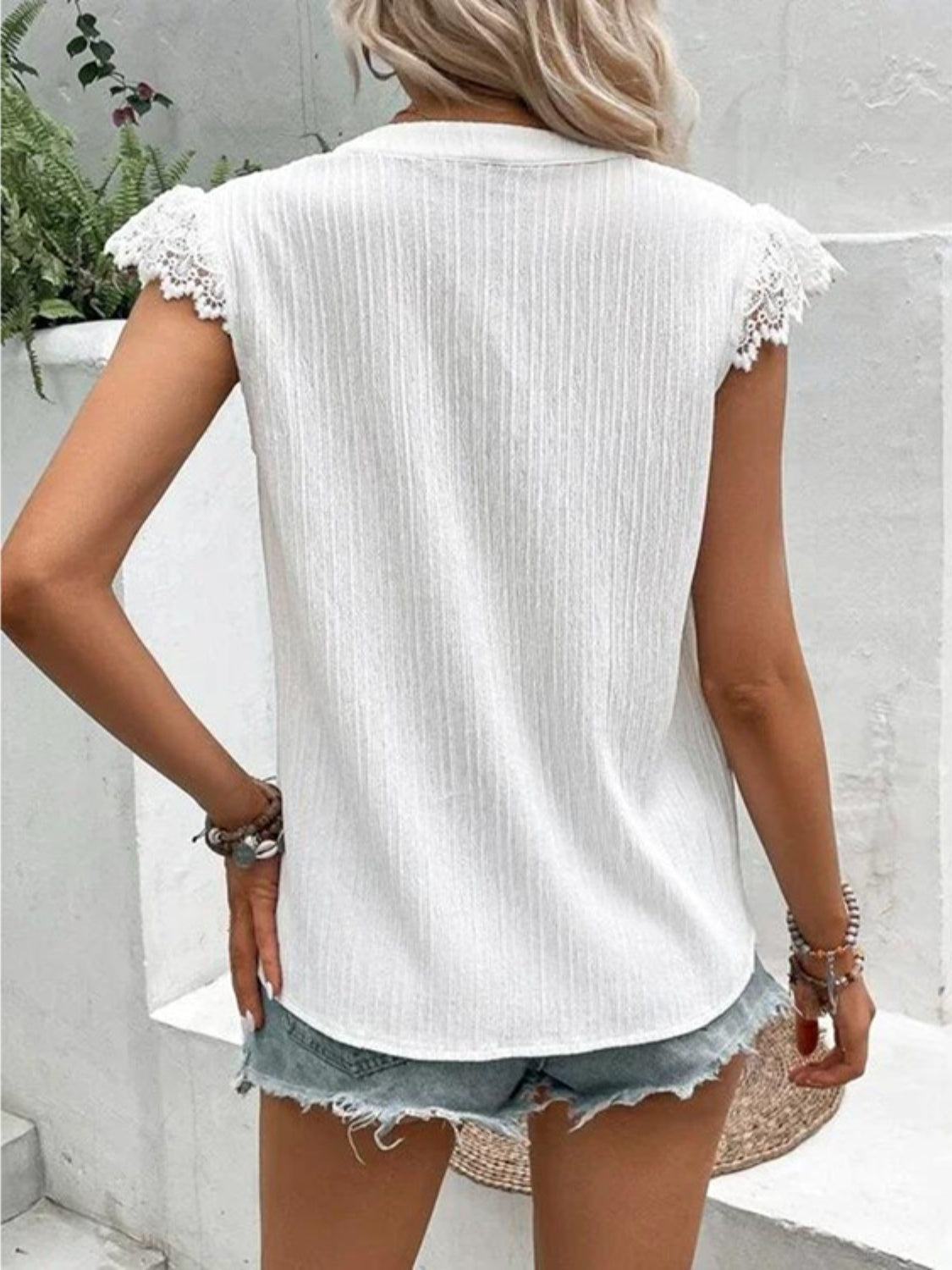 TEEK - White Lace Shoulder Notched Cap Sleeve Blouse TOPS TEEK Trend   