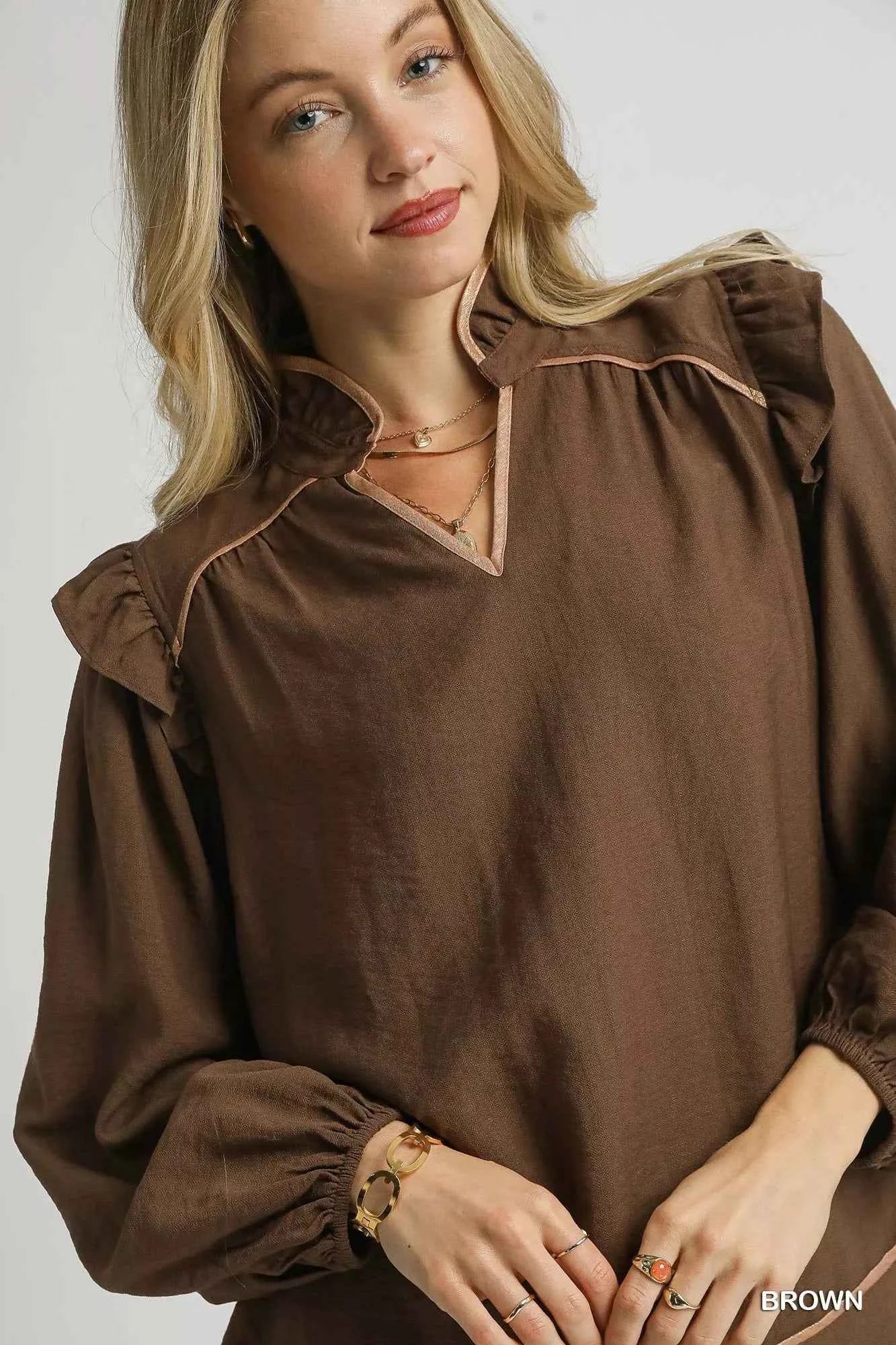 TEEK - Ruffle Shoulder Long Sleeve Blouse TOPS TEEK Trend
