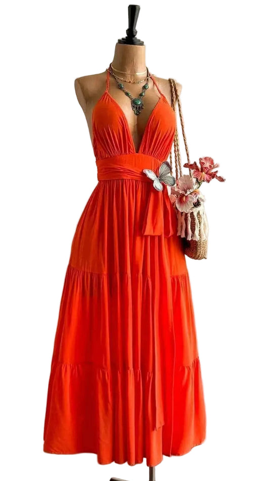 TEEK - Halter Neck Tiered Dress DRESS TEEK Trend Orange S