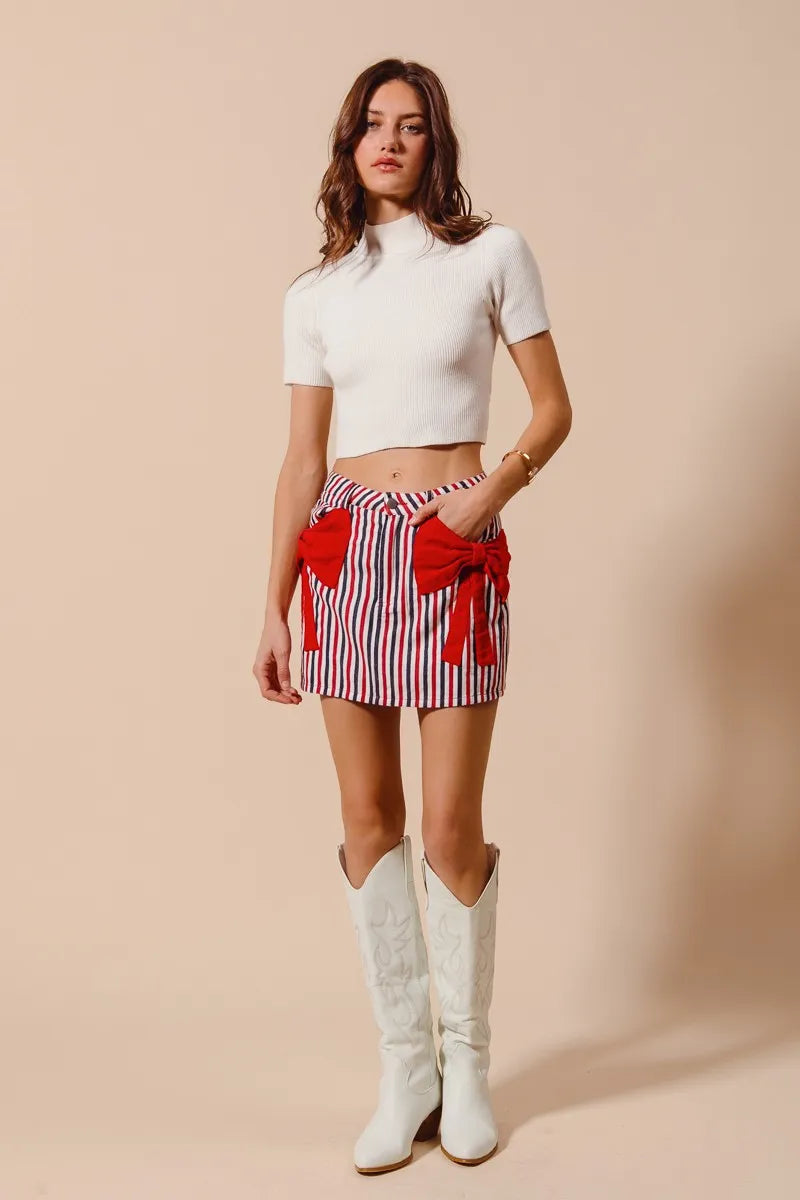 TEEK - Red Contrast Bow Knot Pocket Striped Denim Skirt SKIRT TEEK Trend
