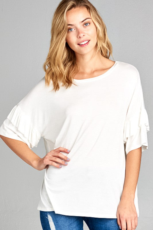 TEEK - PLUS SIZE SOLID RUFFLE SLEEVE TOP TOPS TEEK FG   