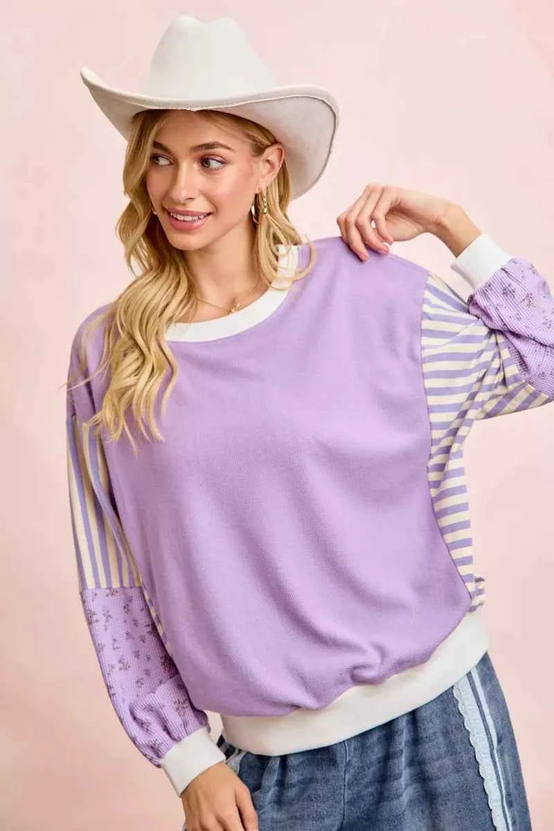 TEEK - Mix and Match Sweatshirt with Floral Sleeve Striped TOPS TEEK Trend