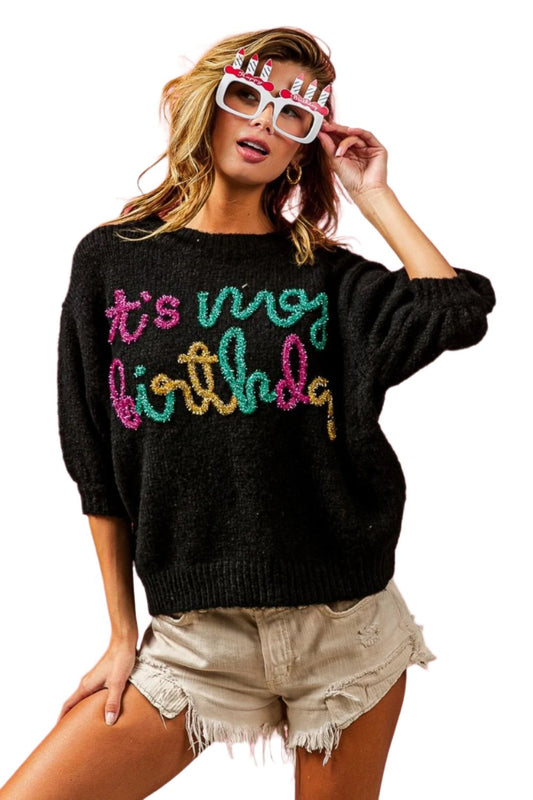 TEEK - Black Metallic Letter Puff Sleeve Hairy Birthday Sweater TOPS TEEK Trend S  