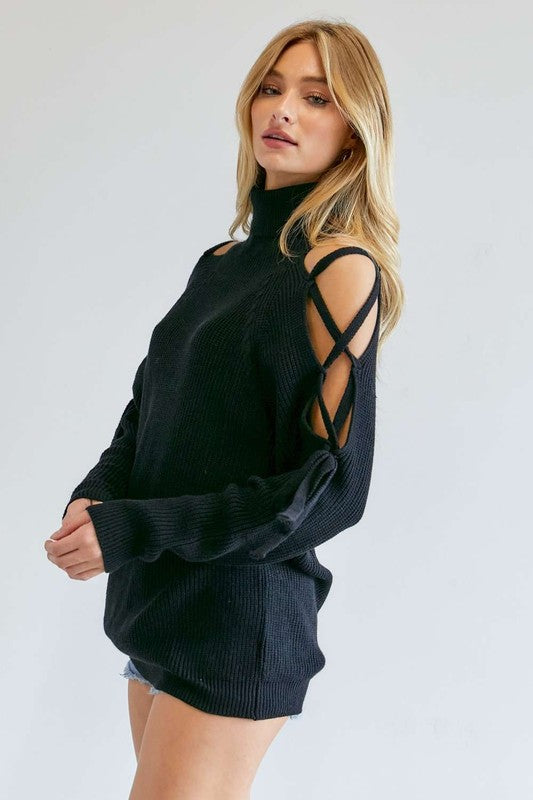 TEEK - Solid Turtleneck Cutout Long Sleeve Sweater