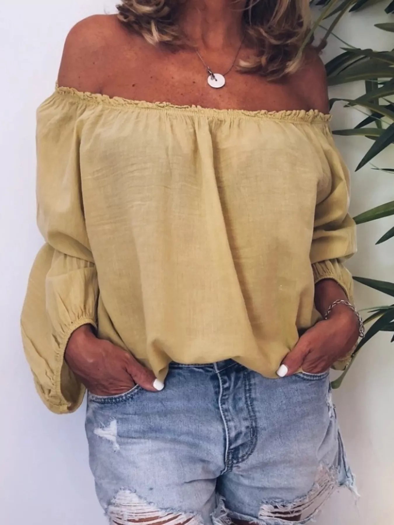 Off-Shoulder Frill Trim Blouse Trendsi Yellow S