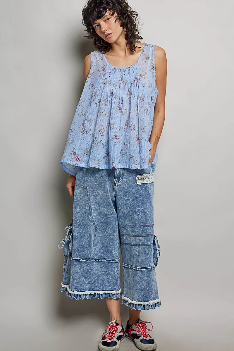 POL Round Neck Sleeveless Floral Pleated Cotton Top Trendsi
