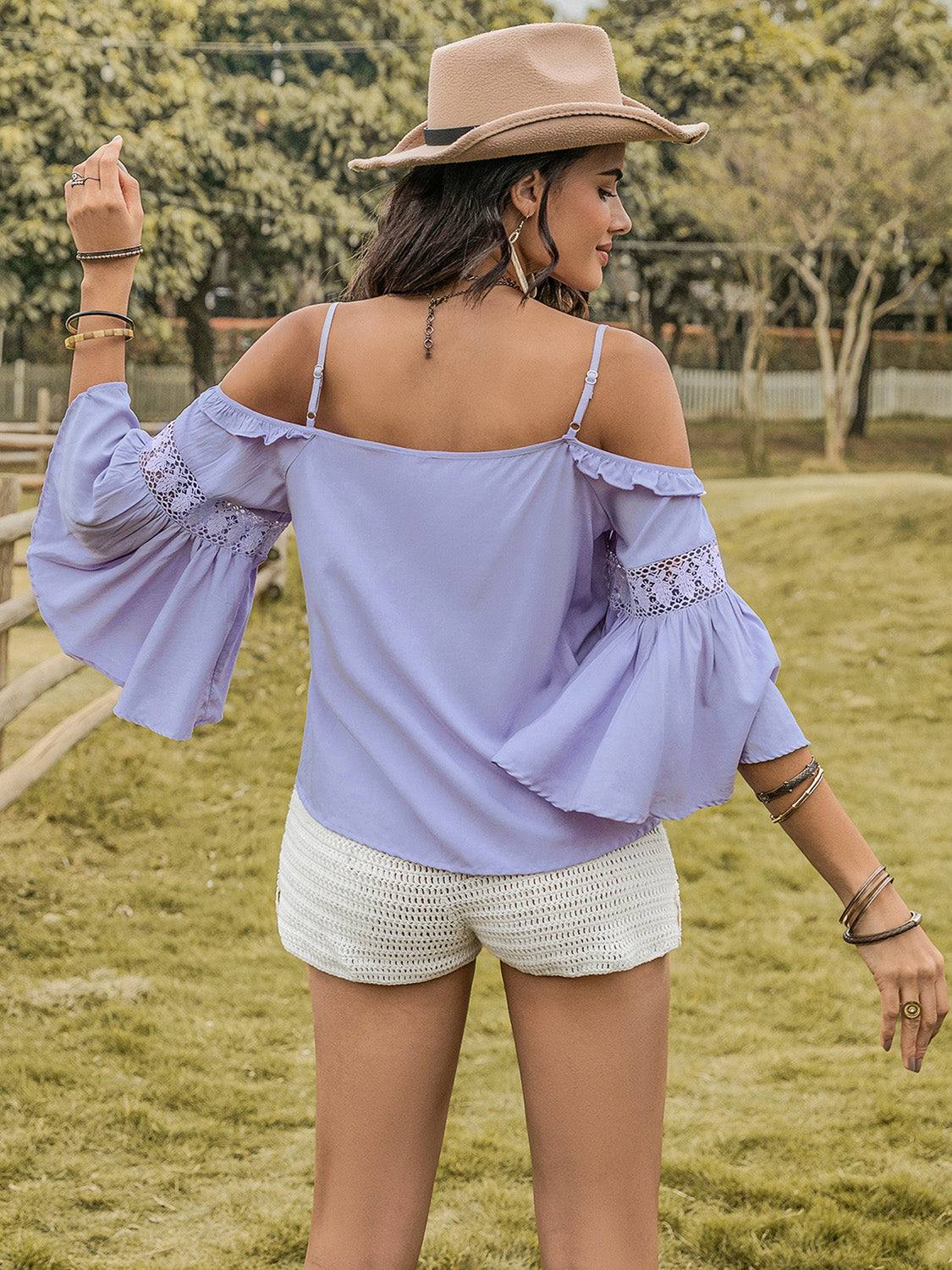 TEEK - Blue Purple Square Neck Flare Sleeve Blouse TOPS TEEK Trend   