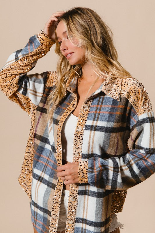 TEEK - Latte Multi Curved Hem Sequin Plaid Button Up Shacket TOPS TEEK Trend