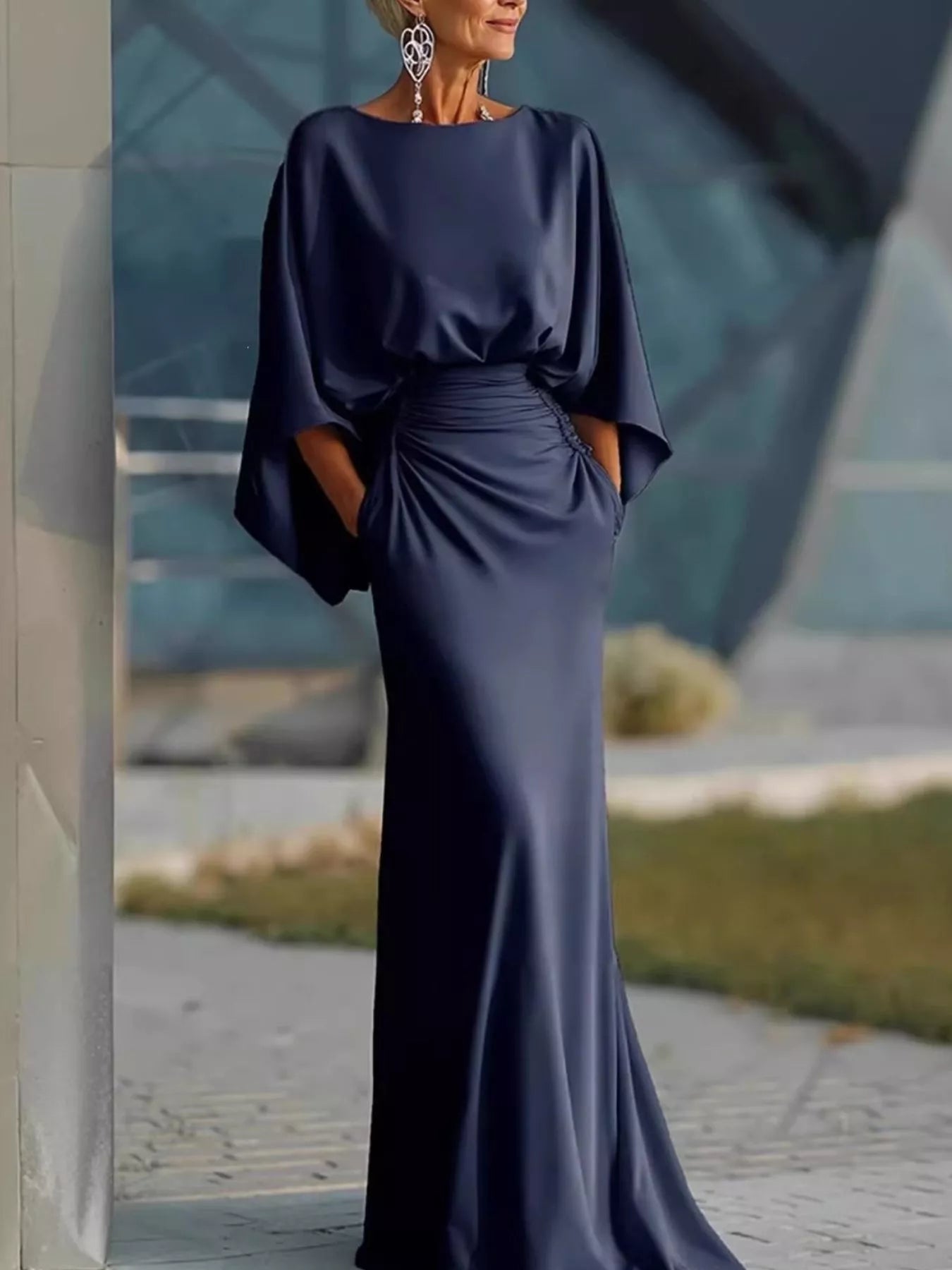 Batwing Sleeve Ruched Maxi Dress Trendsi Navy S