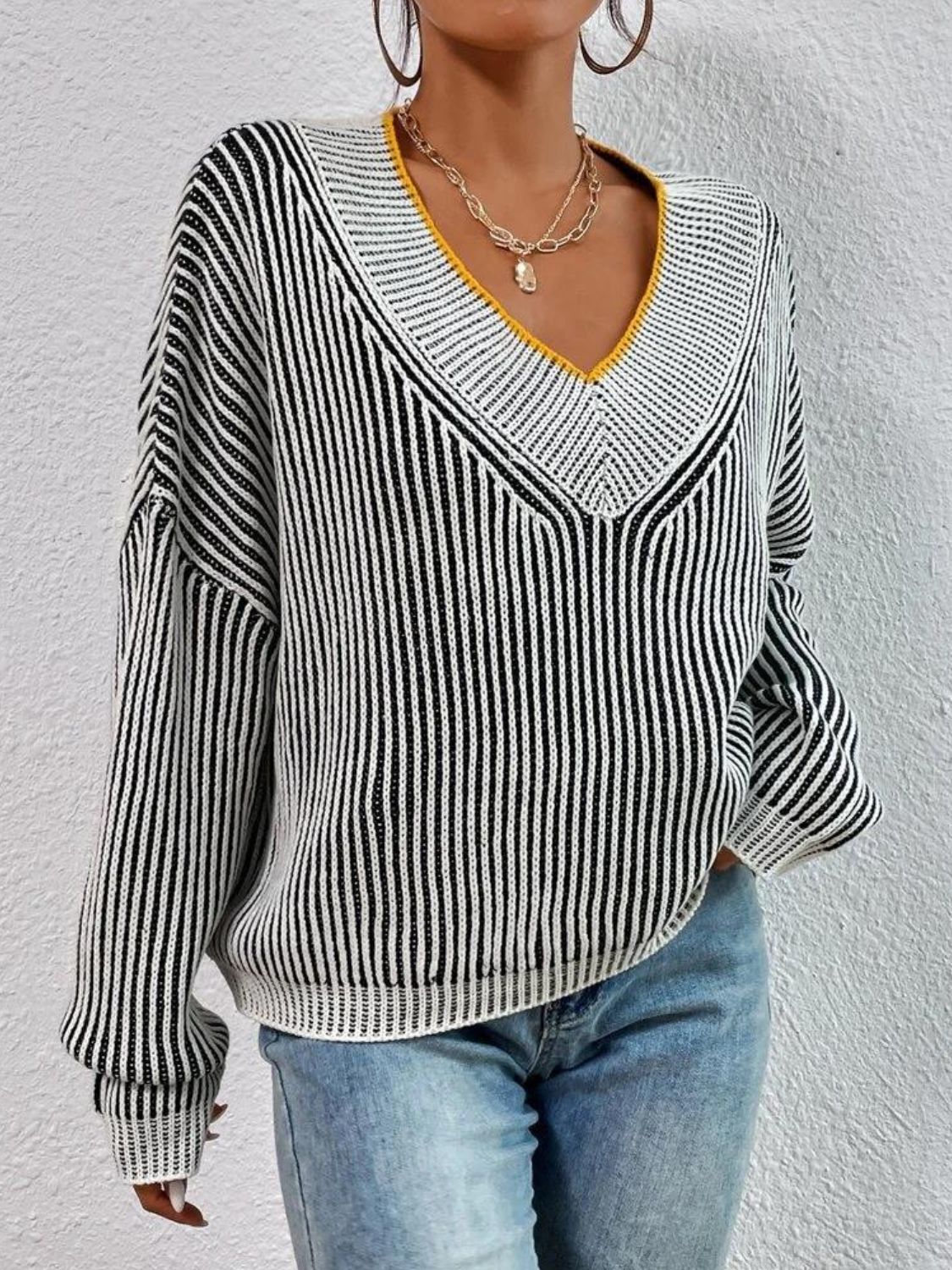 TEEK - Striped V-Neck Long Sleeve Sweater TOPS TEEK Trend