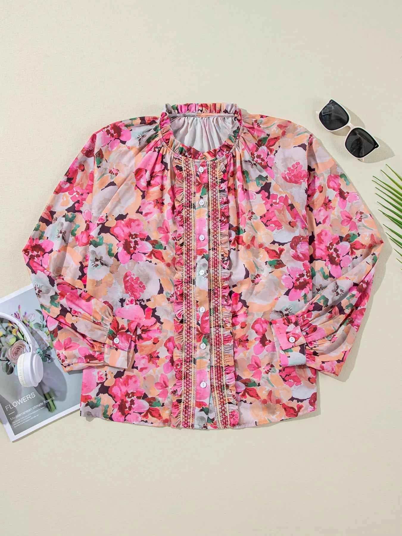 TEEK - Floral Print Ruffle Trim Long Sleeve Shirt TOPS TEEK Trend