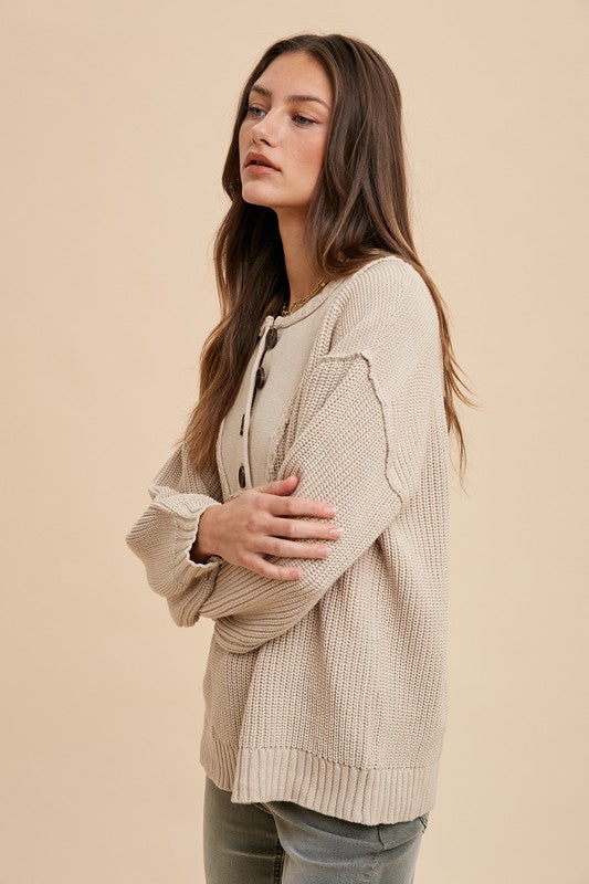 TEEK - Oatmeal Half Button Ribbed Hem Sweater TOPS TEEK Trend