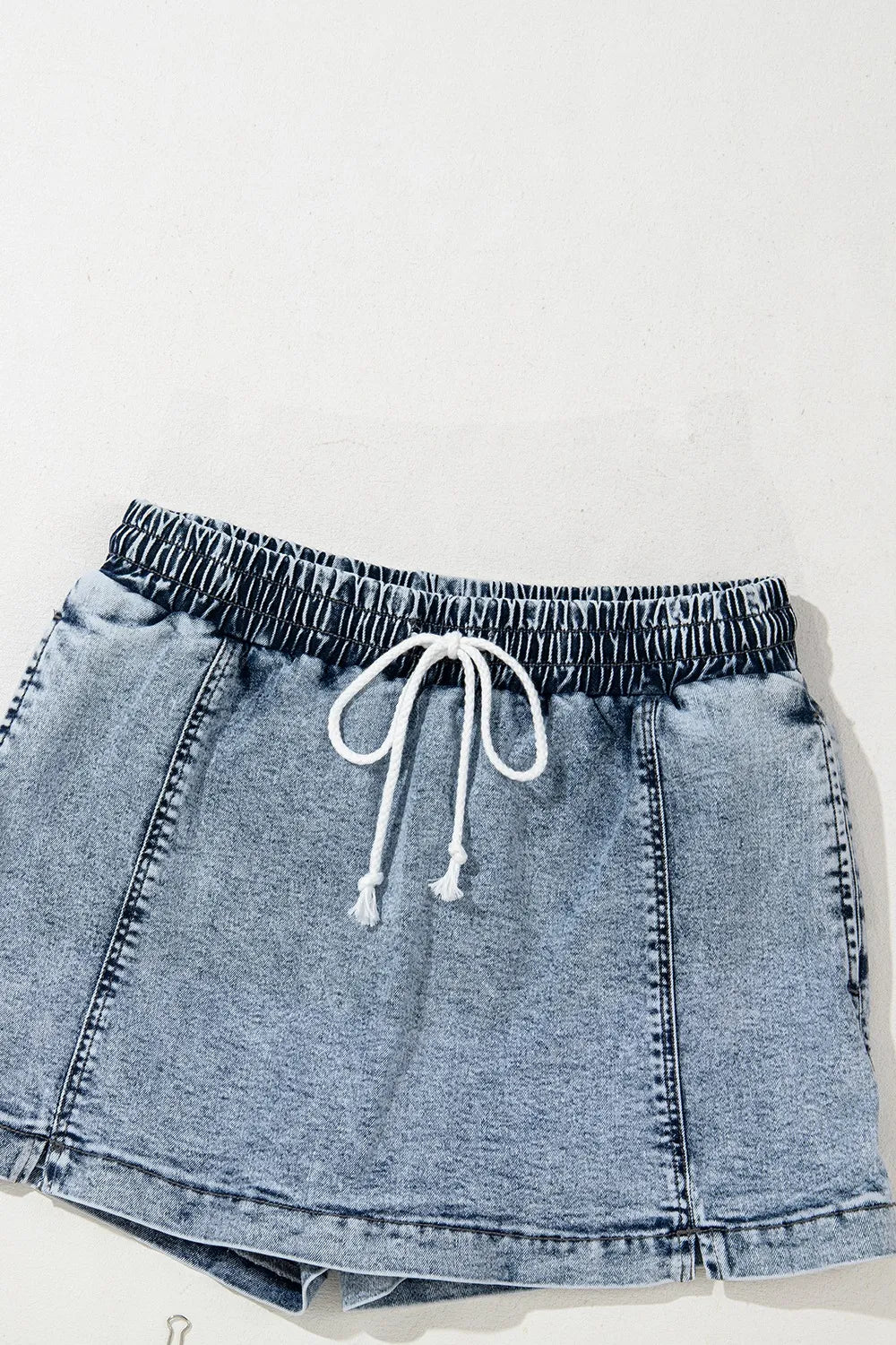 TEEK - Drawstring High Waist Pocketed Medium Wash Denim Skort SHORTS TEEK Trend