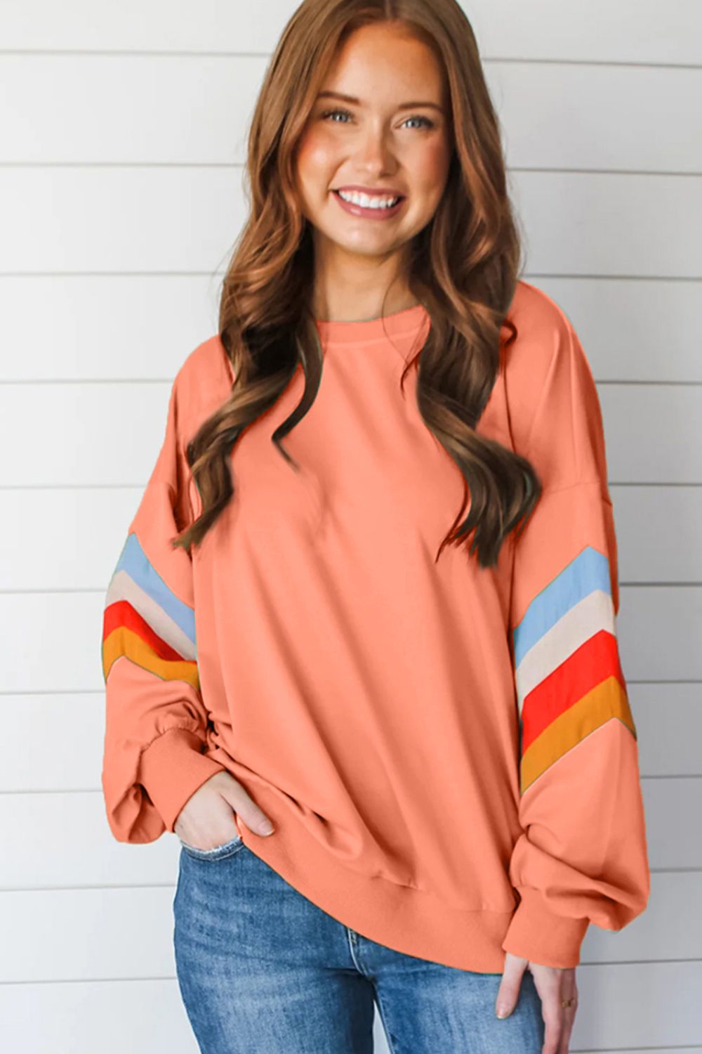 TEEK - Contrast Round Neck Long Sleeve Sweatshirt TOPS TEEK Trend