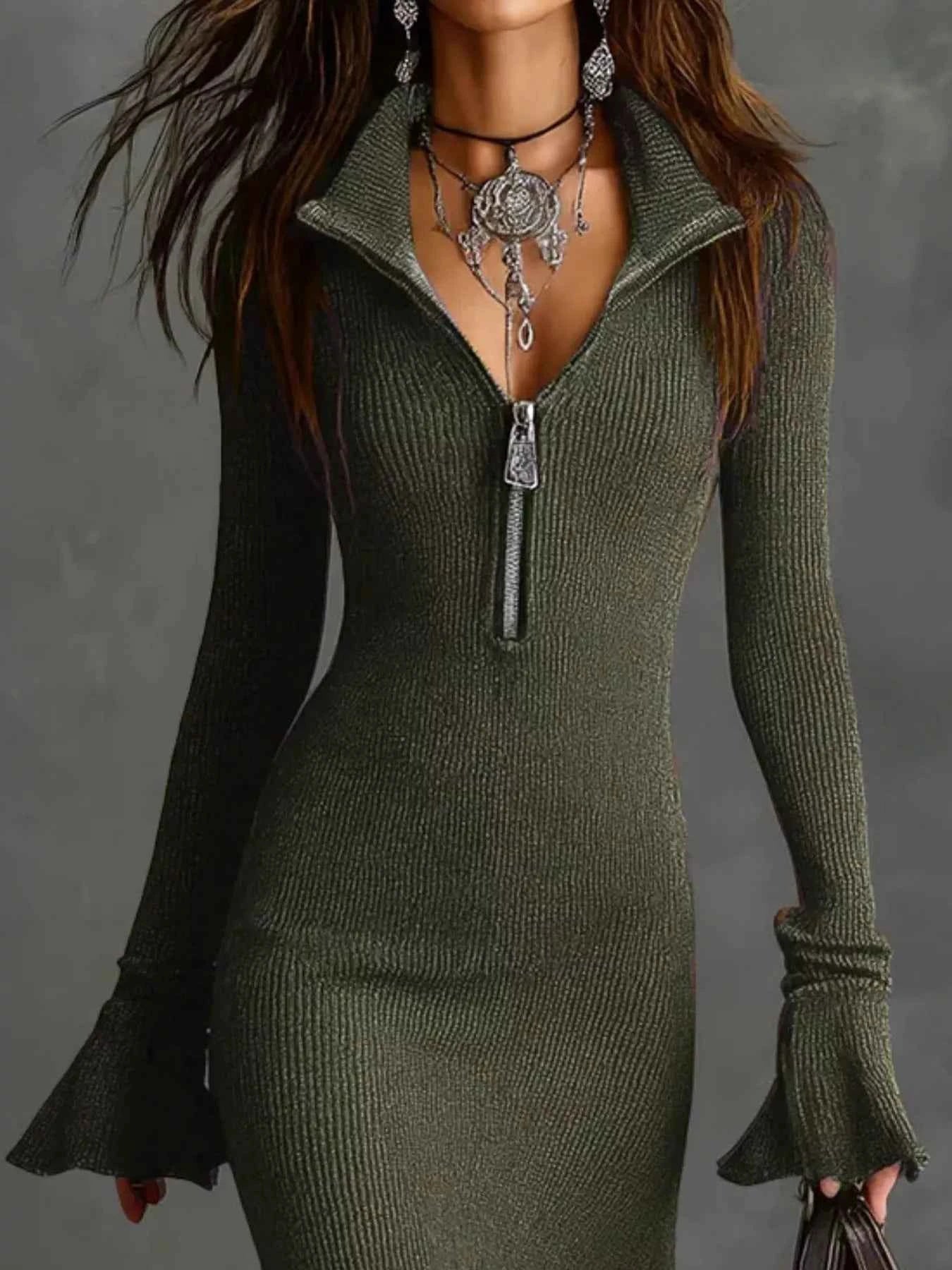 TEEK - Ribbed Knit Zip Front Flare Hem Midi Dress Trendsi