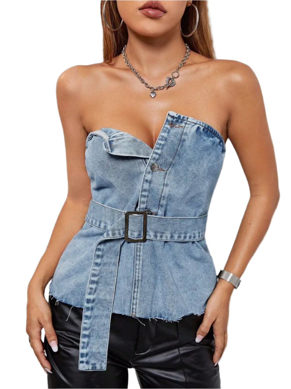 TEEK - Frayed Hem Button Detail Tube Top TOPS TEEK Trend XS