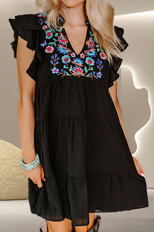 TEEK - Black Embroidered Ruffled Cap Sleeve Mini Dress