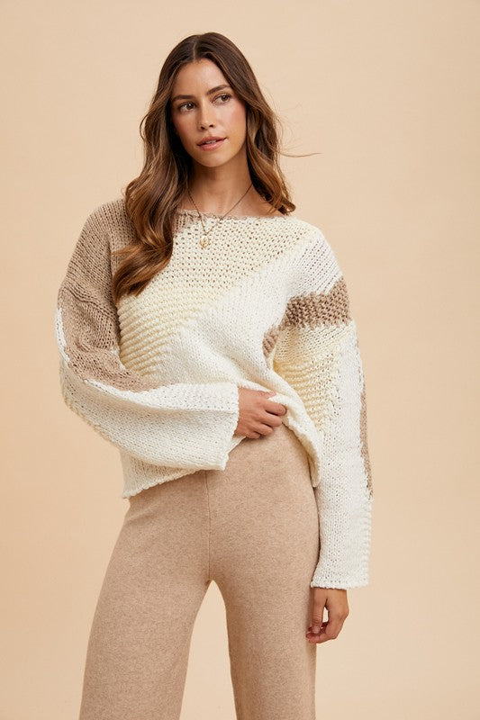 TEEK - Taupe Combo Color Block Drop Shoulder Sweater TOPS TEEK Trend