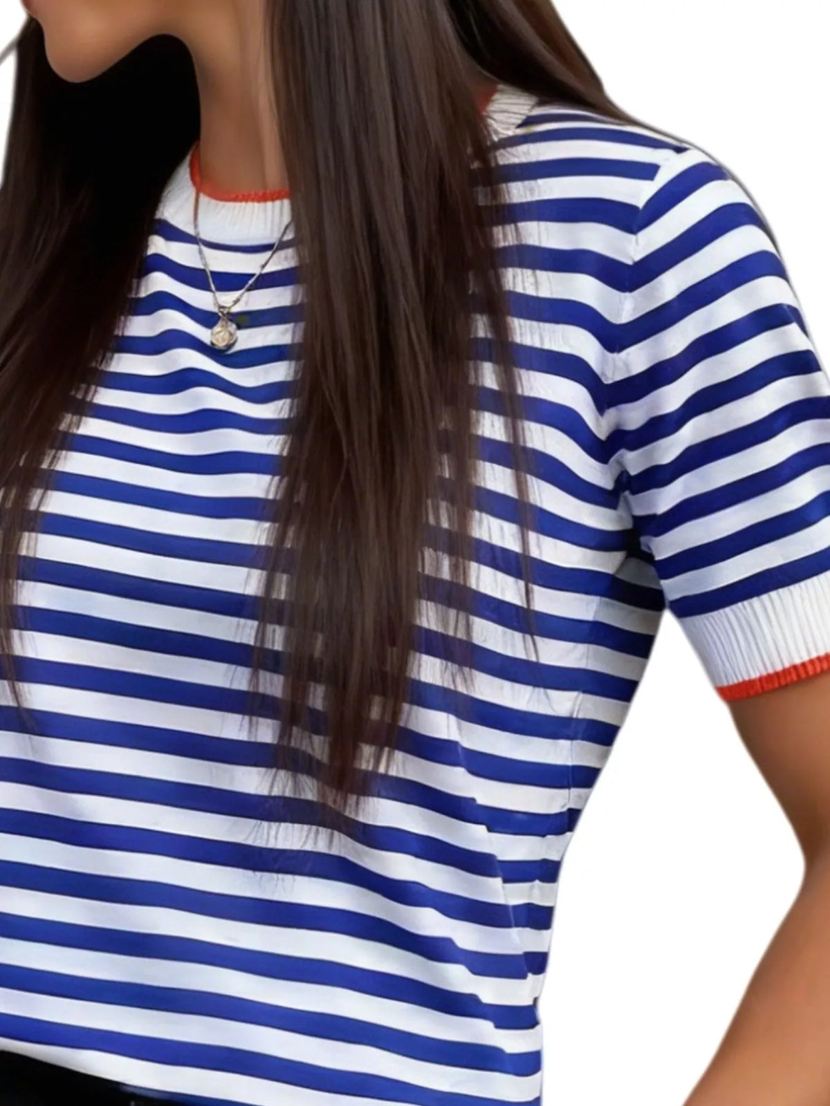 Contrast Trim Striped Short Sleeve Knit Top Trendsi