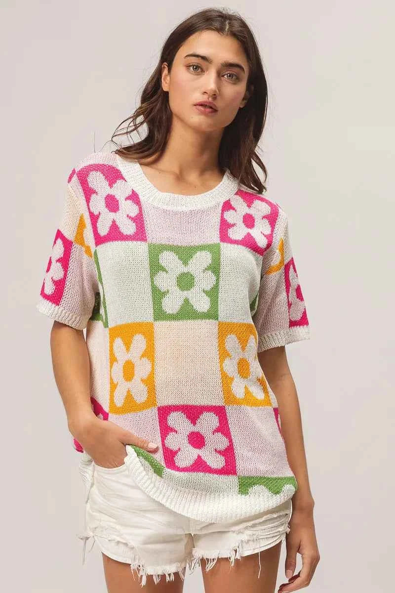 TEEK - Flower Checker Pattern Lightweight Sweater Top TOPS TEEK Trend