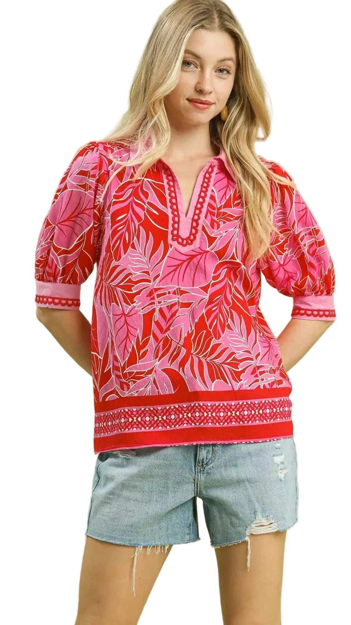 TEEK - Tropical Print Puff Sleeve Blouse TOPS TEEK Trend RED S