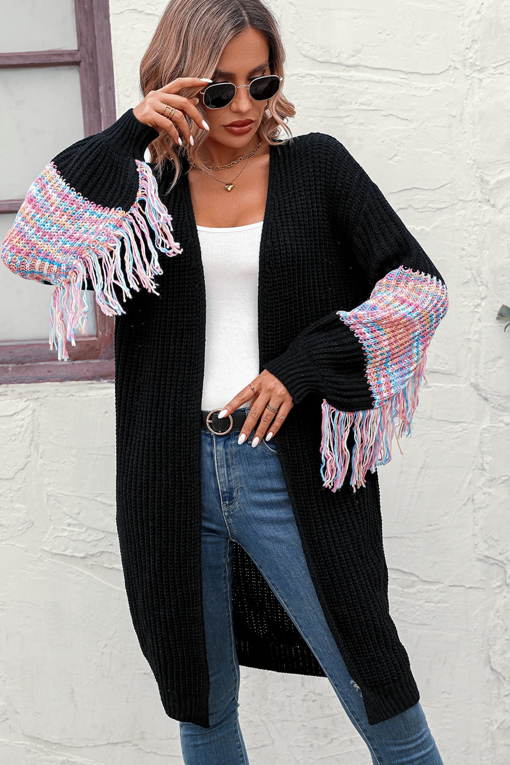 TEEK - Fringe Sleeve Dropped Shoulder Cardigan SWEATER TEEK Trend Black S 