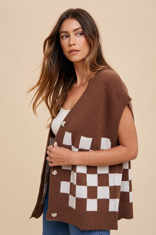 TEEK - Dark Brown Checkered Button Down Short Sleeve Cardigan SWEATER TEEK Trend