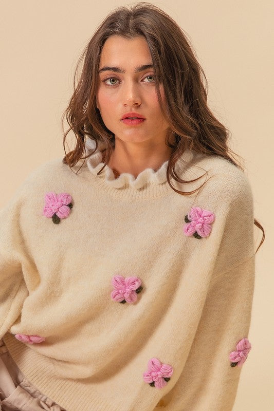 BiBi Ruffled Crochet Flower Dropped Shoulder Sweater TEEK Trend