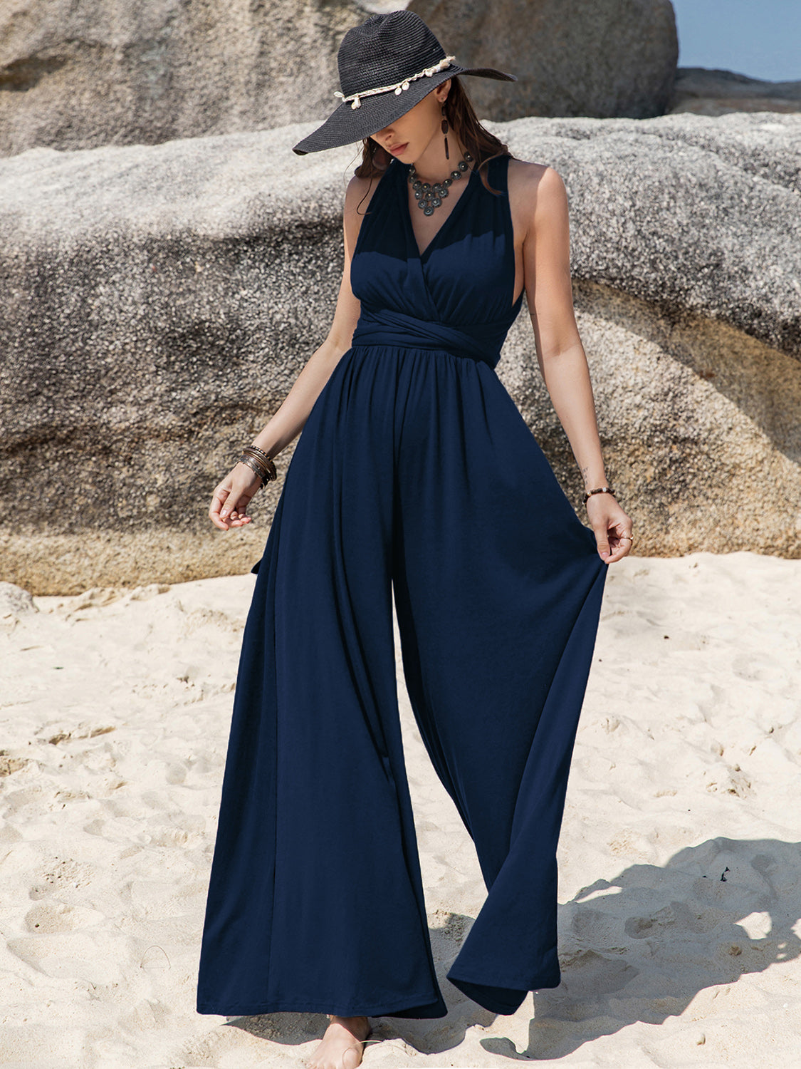 TEEK - Dark Blue Surplice Wide Leg Free Tied Jumpsuit JUMPSUIT TEEK Trend   