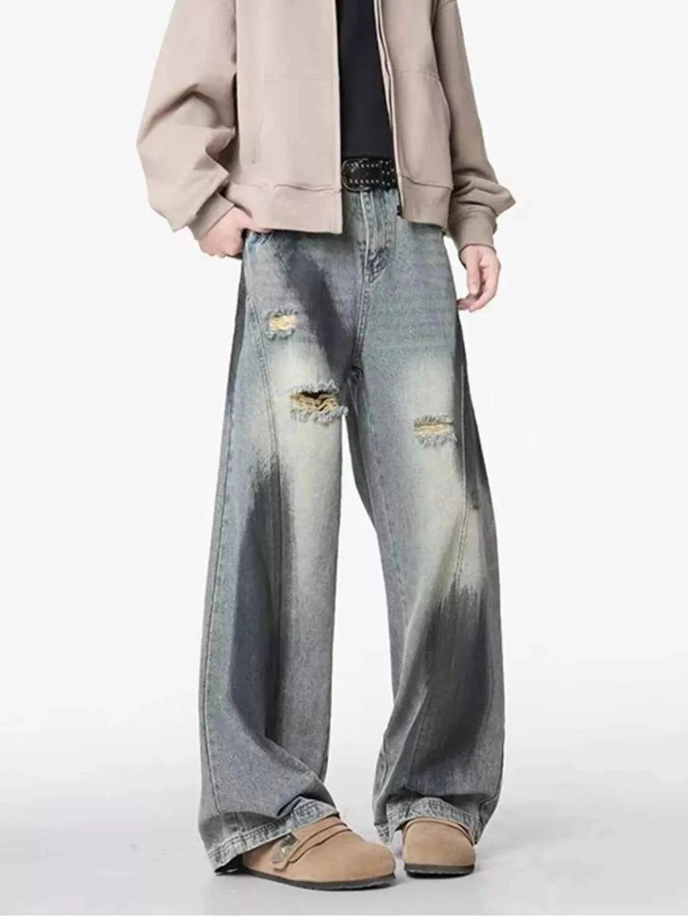 Men's Plus Size Distressed Wide Leg Jeans Trendsi