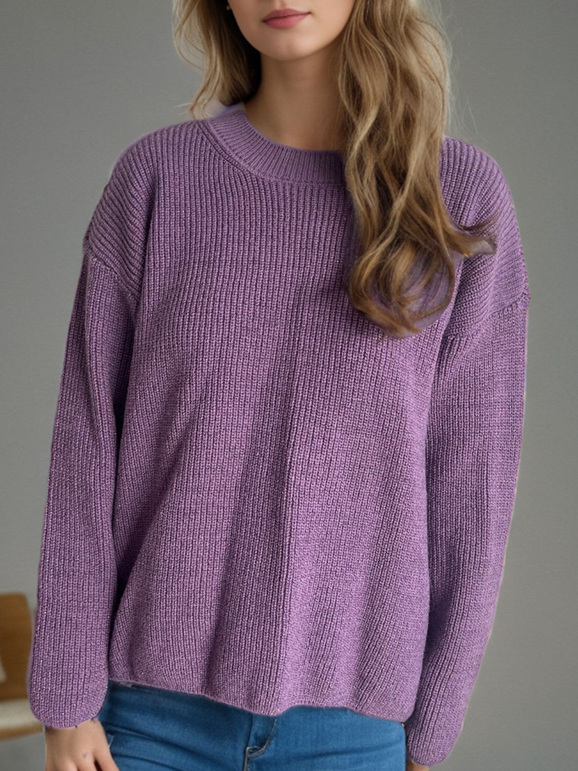 TEEK - Solid Color Round Neck Long Sleeve Sweater TOPS TEEK Trend Mauve One Size