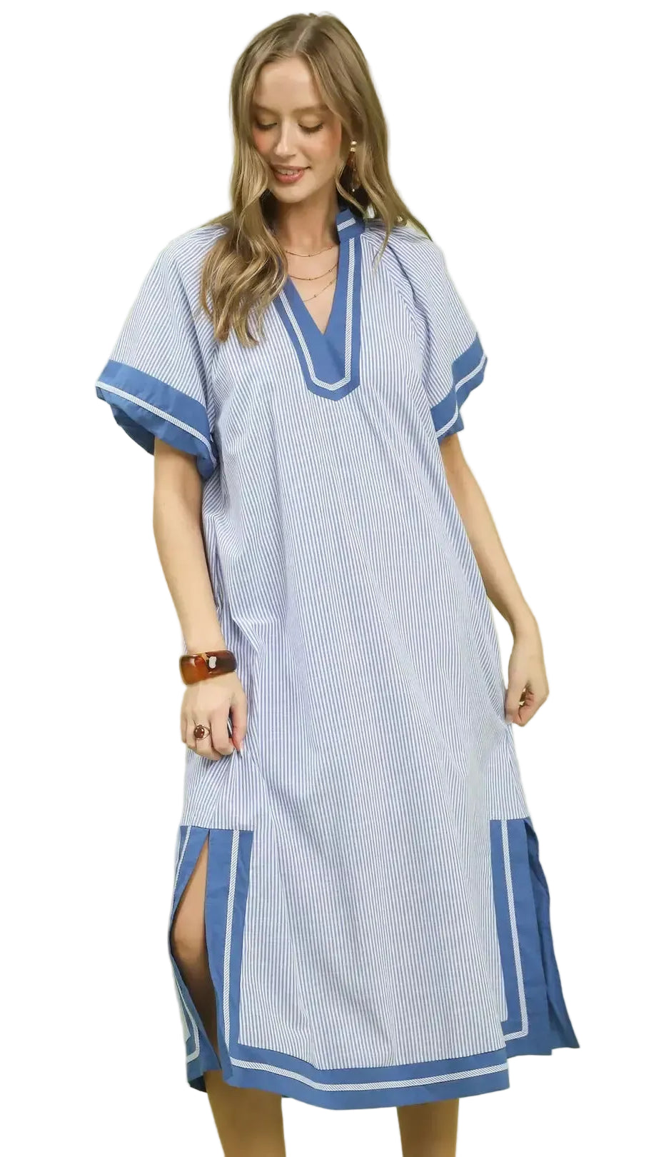 Umgee Pinstripe Contrast Trim Midi Dress Trendsi BLUE S