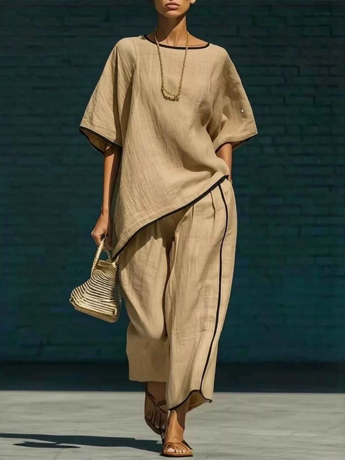 Full Size Contrast Trim Half Sleeve Top and Pants Set Plus Size Trendsi Khaki S