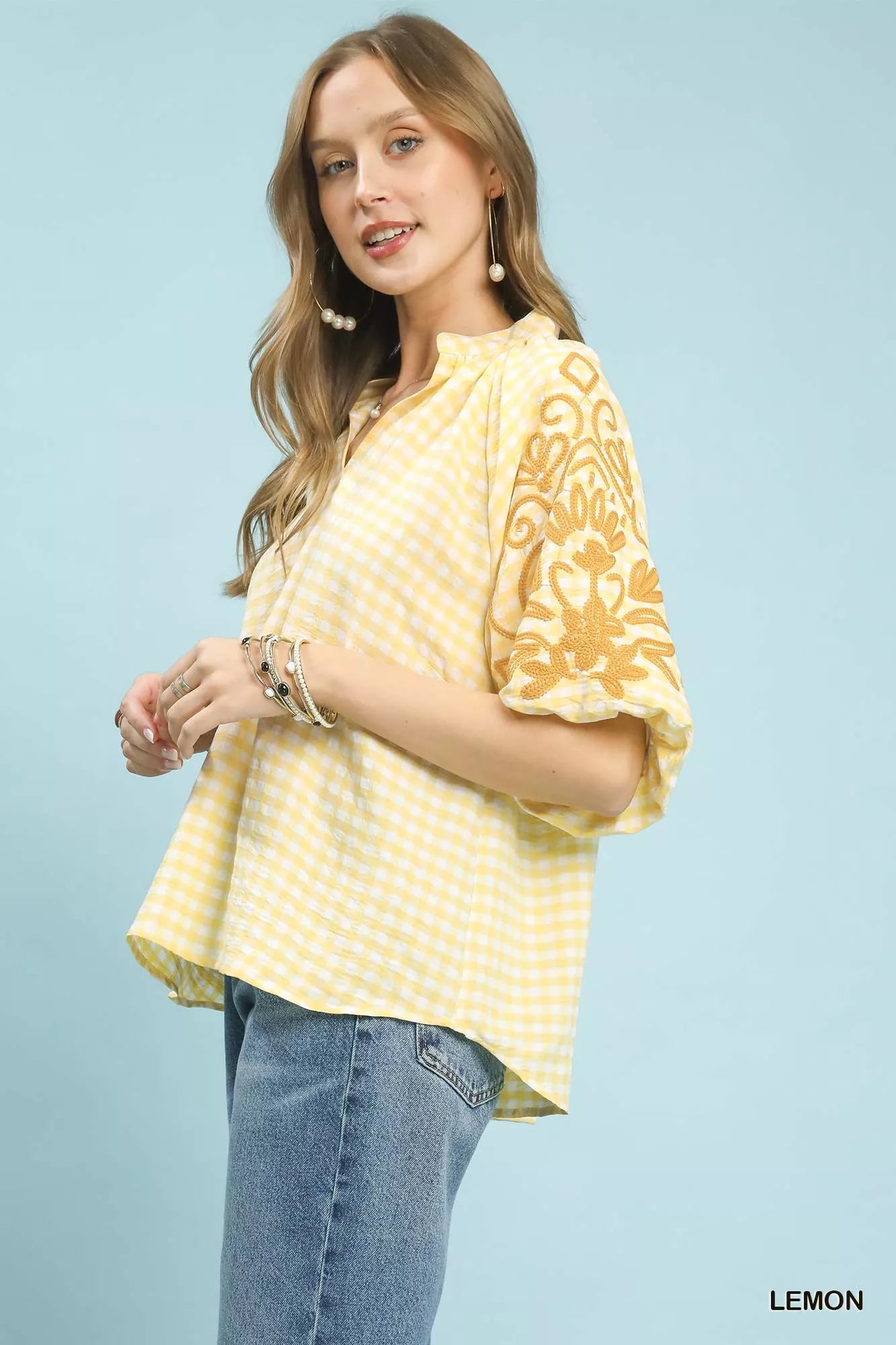 TEEK - Gingham Embroidered Balloon Sleeve Top TOPS TEEK Trend