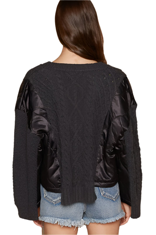 TEEK - Black Cable Knit Quilting Patch V-Neck Sweater TOPS TEEK Trend