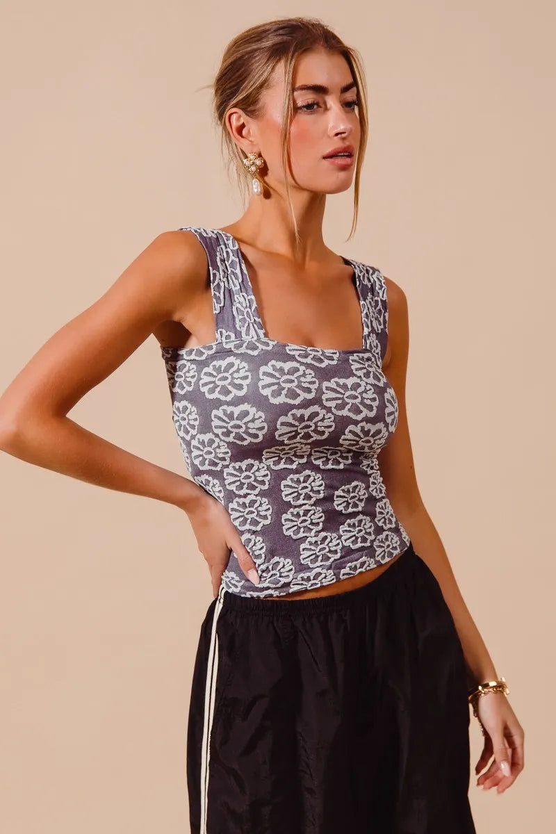 TEEK - Charcoal Blue Two Tone Floral Seamless Tank Top TOPS TEEK Trend