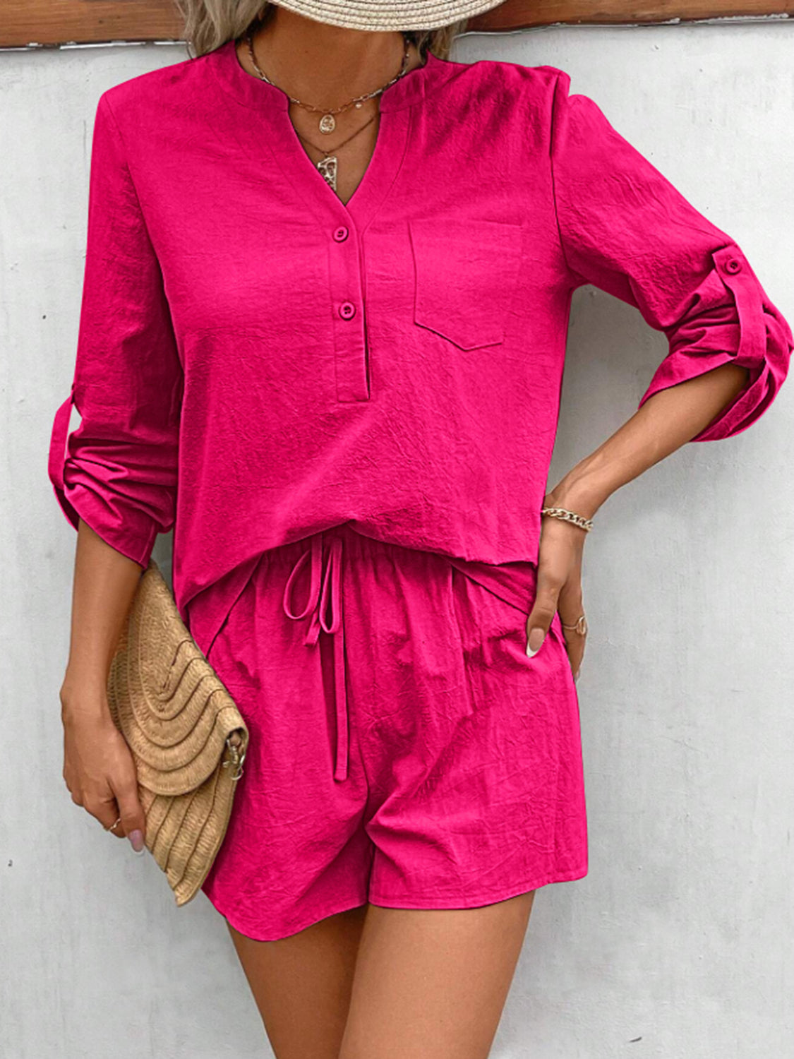 TEEK - Notched Long Sleeve Top and Shorts Set SET TEEK Trend Hot Pink S 