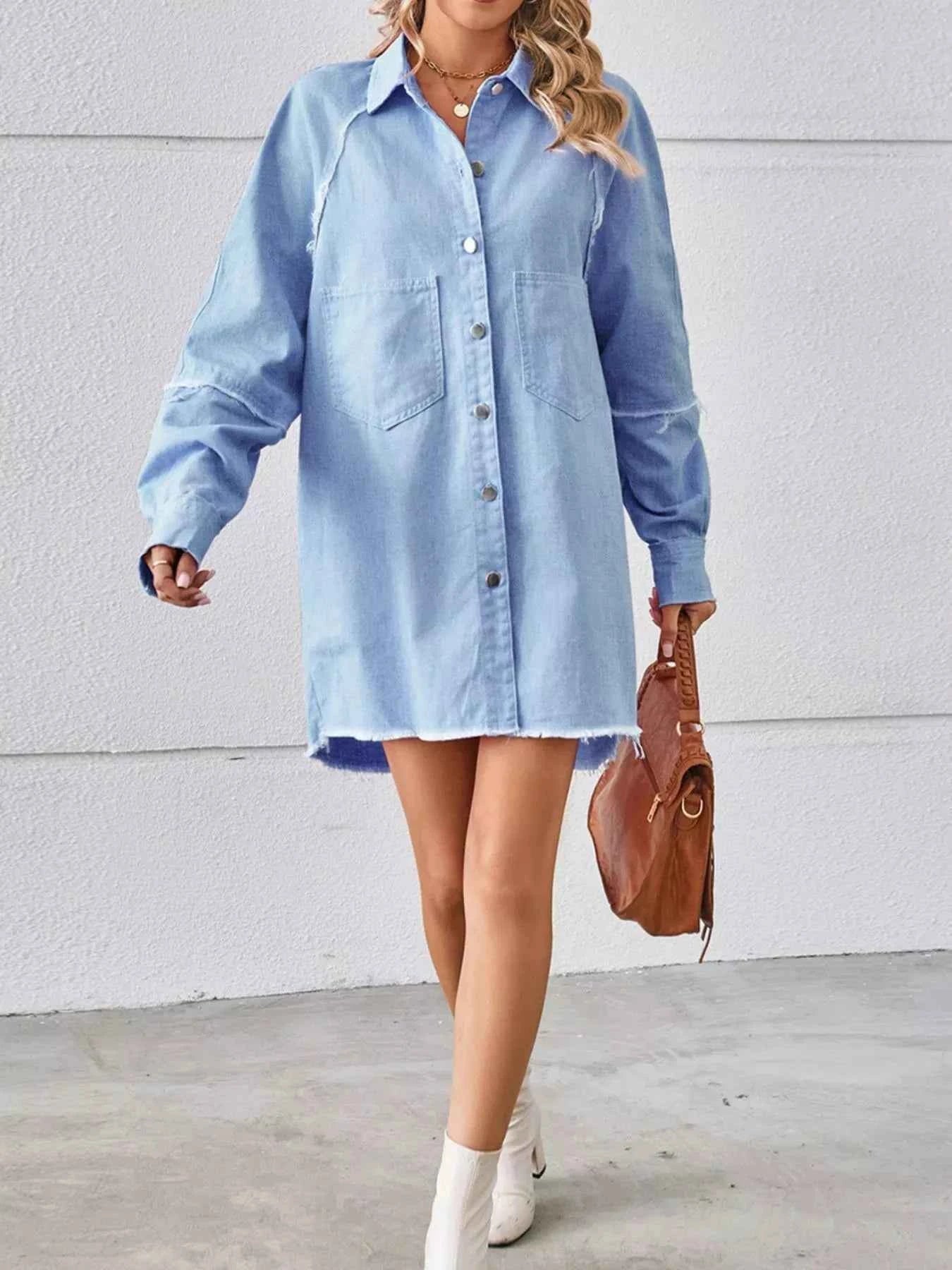 TEEK - Button-Down Raw Hem Denim Dress DRESS TEEK Trend