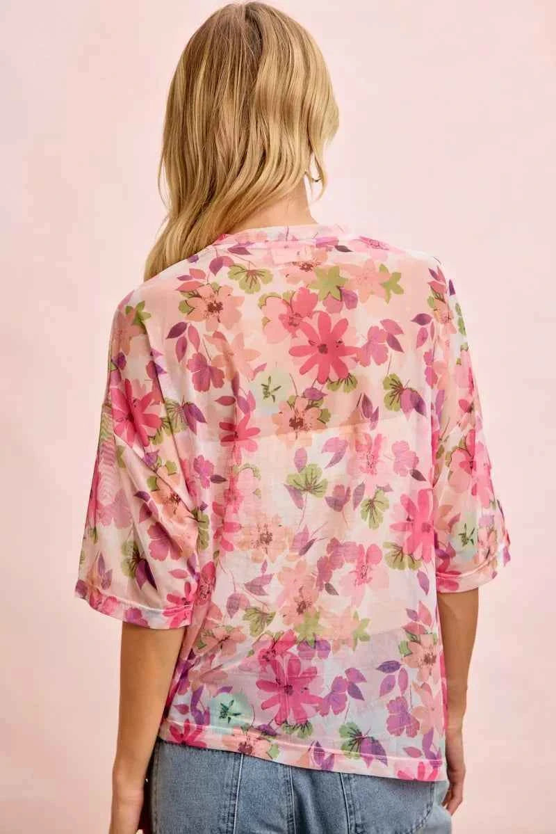 BiBi Floral Print Short Sleeves Boxy Mesh Top Trendsi