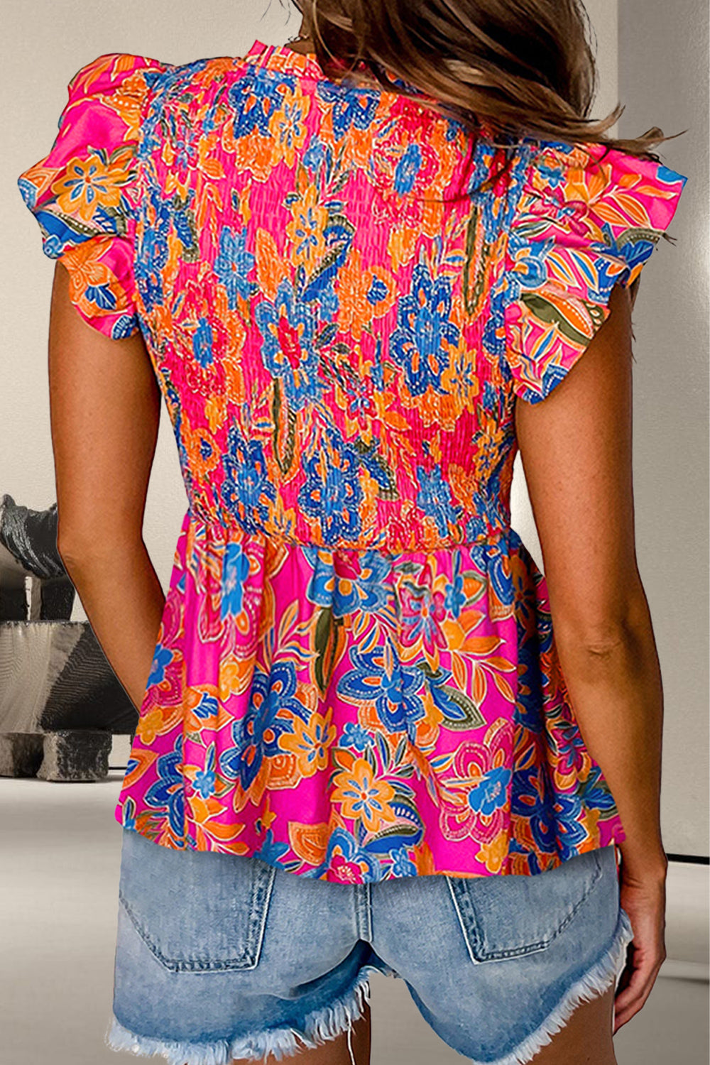 TEEK - Strawberry Smocked Floral V-Neck Cap Sleeve Blouse TOPS TEEK Trend   