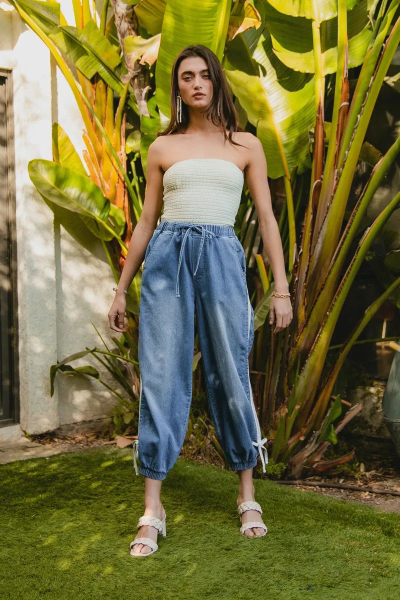 TEEK - Off White Striped Tape Bot Tied Point Elastic Waist Jeans JEANS TEEK Trend