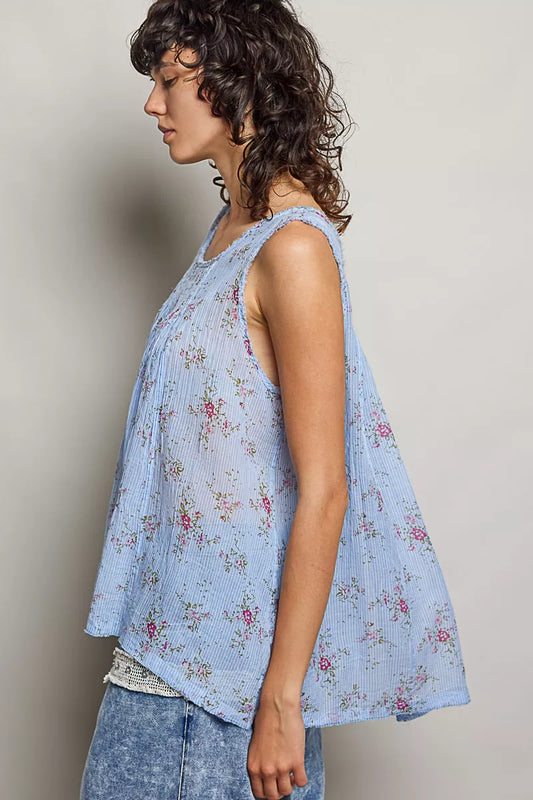 POL Round Neck Sleeveless Floral Pleated Cotton Top Trendsi