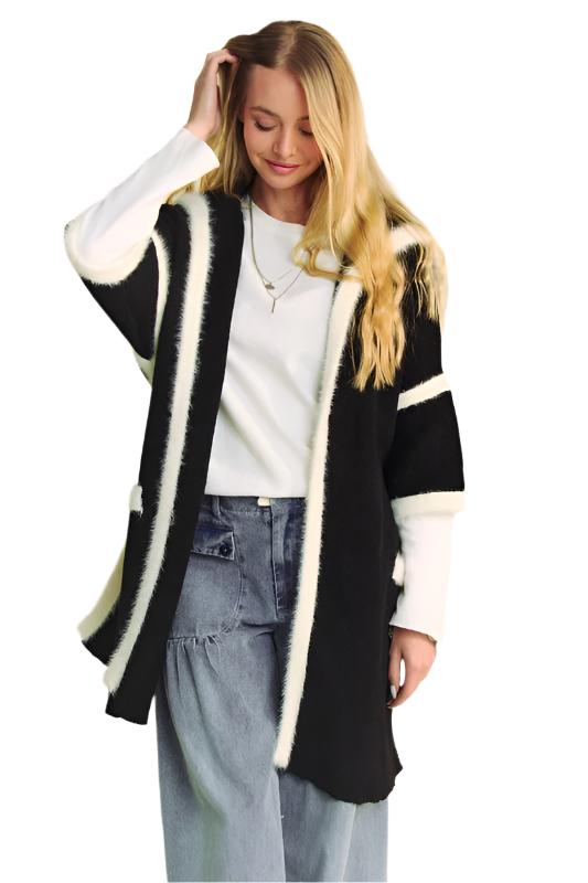 TEEK - Black Fuzzy Trim Open Front Loose Fit Cardigan SWEATER TEEK Trend S