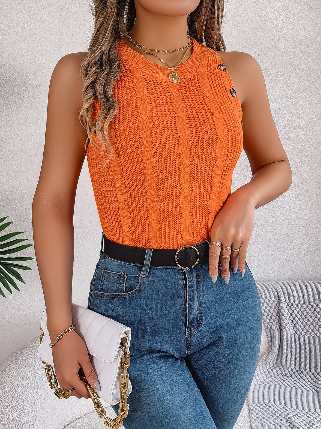 TEEK - Cable-Knit Round Neck Vest Top TOPS TEEK Trend   