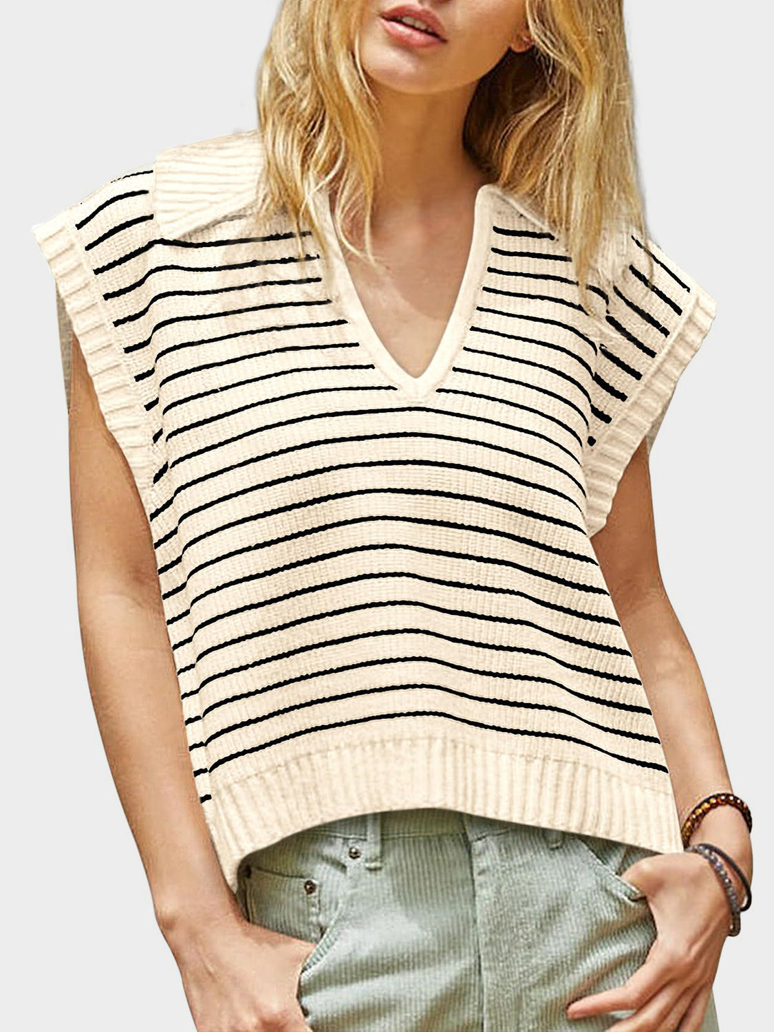 TEEK - Mandy Collared Neck Striped Sweater Vest TOPS TEEK Trend