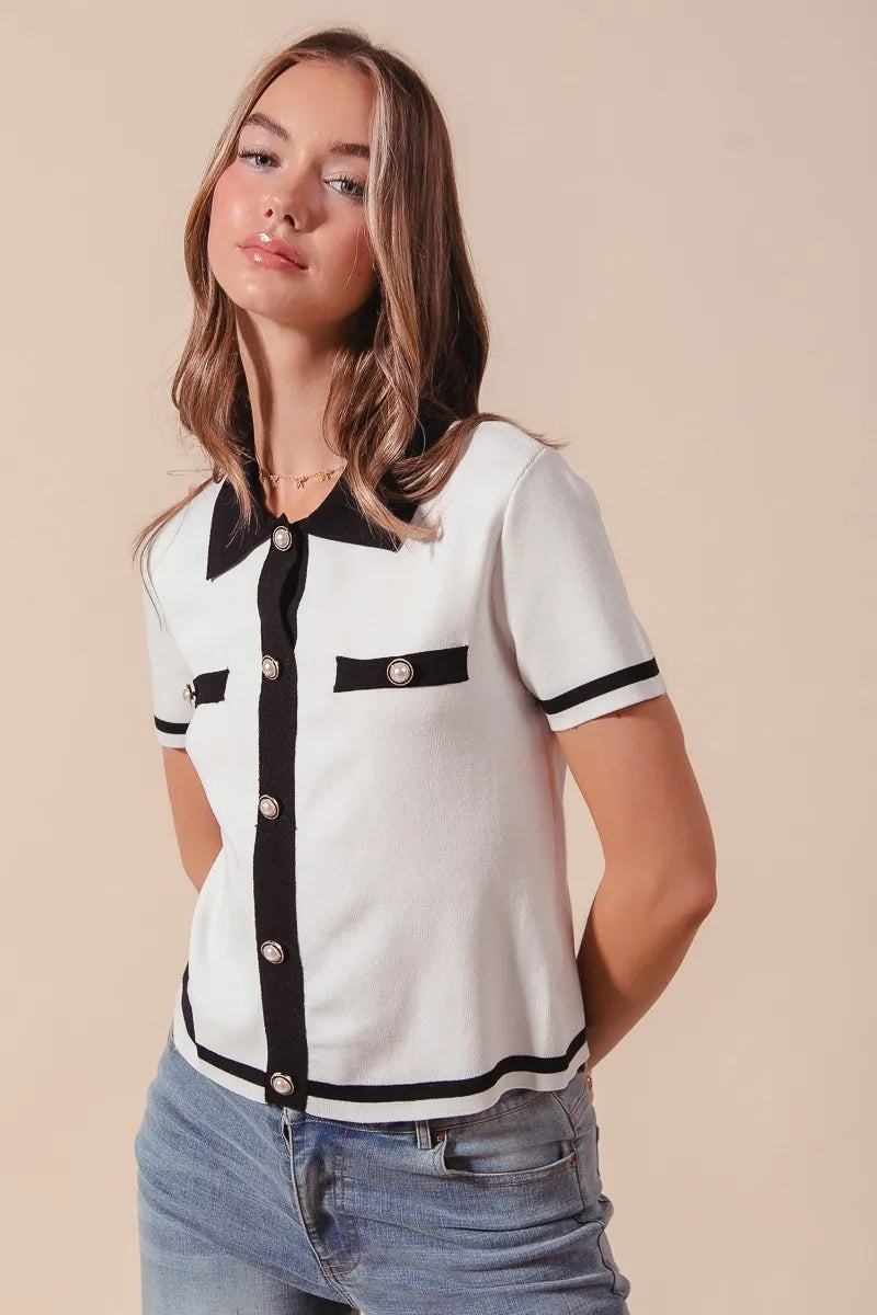 TEEK - Ivory Black Button Down Knitted Sweater Shirt Top TOPS TEEK Trend