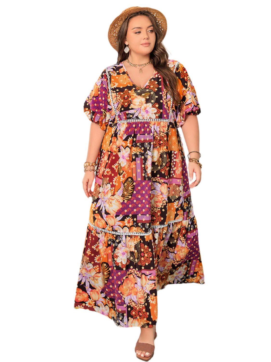 TEEK - Multicolor Plus Size Printed V-Neck Half Sleeve Maxi Dress DRESS TEEK Trend L  