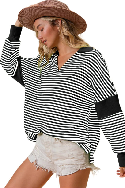 TEEK - Black Striped Contrast Long Sleeve Knit Top TOPS TEEK Trend S  