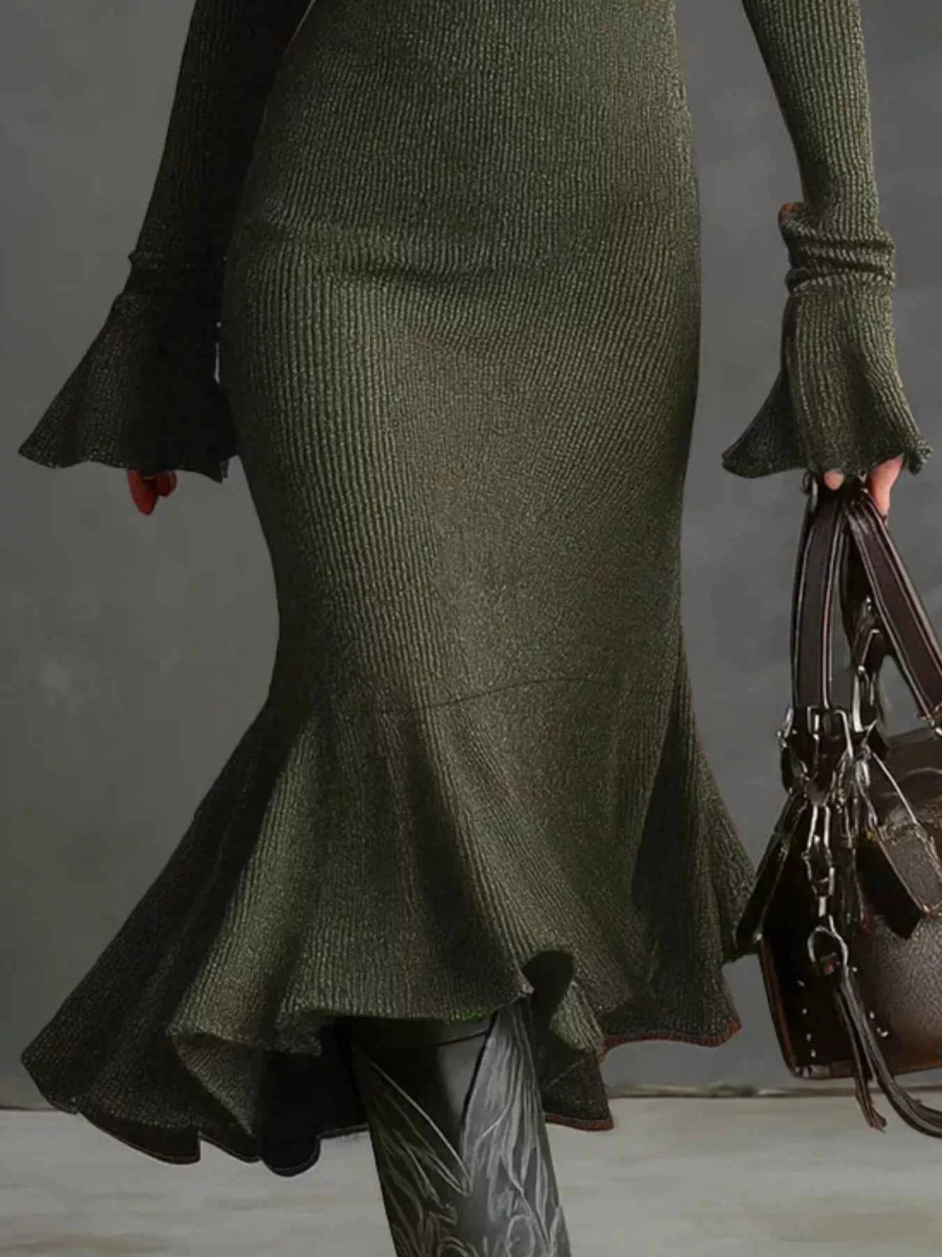 TEEK - Ribbed Knit Zip Front Flare Hem Midi Dress Trendsi